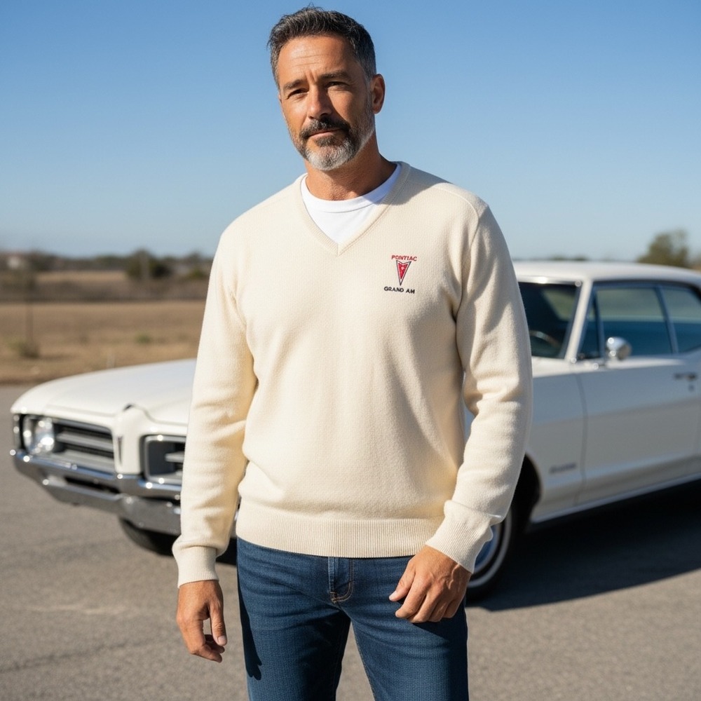 Vintage Franklin Mills Pontiac Grand Am V Neck Sweater Mens XL‎ Cream Acrylic